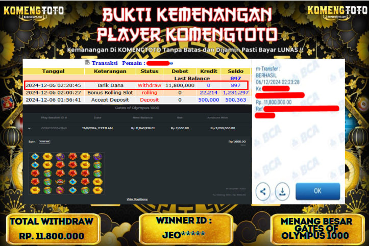LAGI & LAGI!! KEMENANGAN BESAR DI SLOT  GATES OF OLYMPUS 1000  SEBESAR Rp.11.800.000 KOMENGTOTO BAYAR LUNAS SECEPAT KILAT !! KOMENGTOTO BAYAR SECEPAT KILAT !!