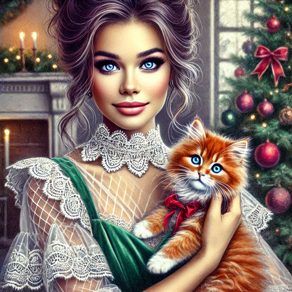 a beautiful elegant woman holds a red fluffy kitten in her arms, with expressive gray eyes, with eve