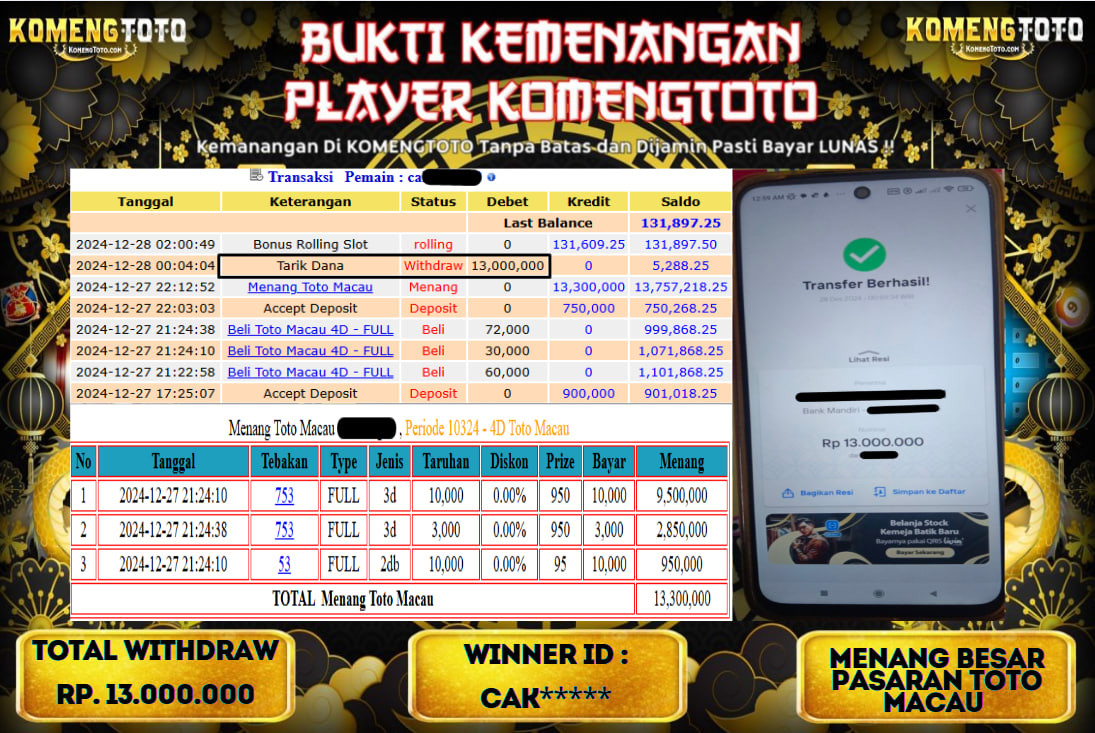 LAGI & LAGI!! KEMENANGAN BESAR DI PASARAN TOGEL TOTO MACAU   SEBESAR Rp.13.000.000 KOMENGTOTO BAYAR LUNAS SECEPAT KILAT !! KOMENGTOTO BAYAR SECEPAT KILAT !!