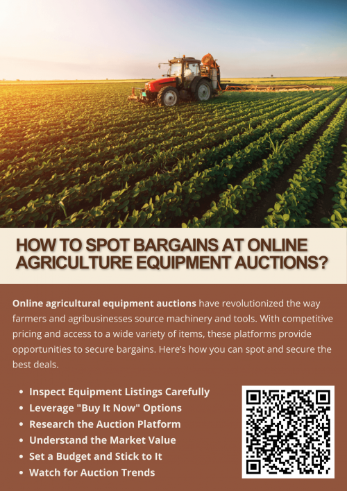 To spot bargains at online agriculture equipment auctions, research reputable platforms, and know the market value of items. Inspect listings carefully, set a strict budget, and bid strategically during off-peak times. Leverage “Buy It Now” options if they align with your budget. Factor in additional costs like shipping and buyer fees, and practice patience for the best deals. To know more visit here https://www.wyethauctions.com/industries/farm-equipment
