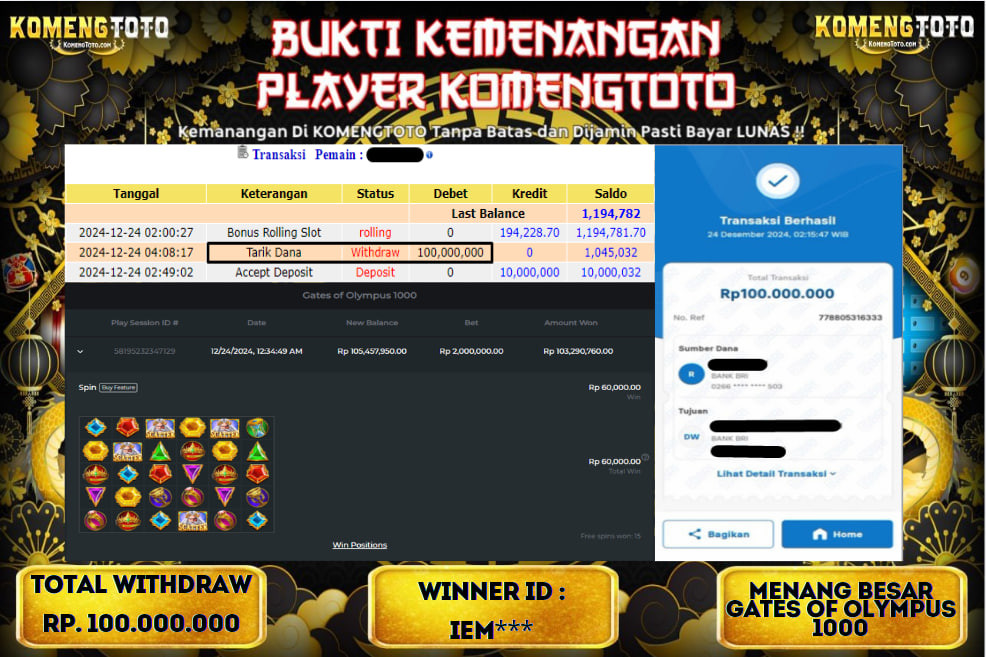 LAGI & LAGI!! KEMENANGAN BESAR DI SLOT  GATES OF OLYMPUS 1000  SEBESAR Rp.100.000.000 KOMENGTOTO BAYAR LUNAS SECEPAT KILAT !! KOMENGTOTO BAYAR SECEPAT KILAT !!