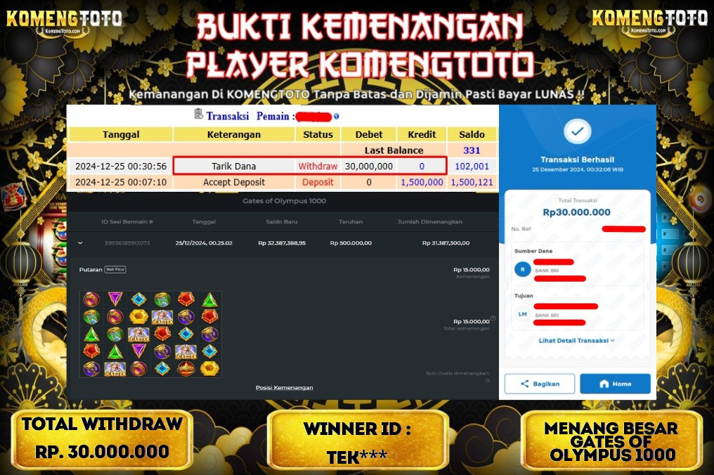 LAGI & LAGI!! KEMENANGAN BESAR DI SLOT  GATES OF OLYMPUS 1000  SEBESAR Rp.30.000.000 KOMENGTOTO BAYAR LUNAS SECEPAT KILAT !! KOMENGTOTO BAYAR SECEPAT KILAT !!