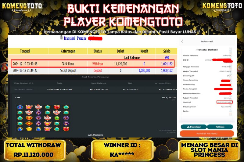 LAGI & LAGI!! KEMENANGAN BESAR DI SLOT MANIA PRINCESS SEBESAR Rp.11.120.000 KOMENGTOTO BAYAR LUNAS SECEPAT KILAT !! KOMENGTOTO BAYAR SECEPAT KILAT !!