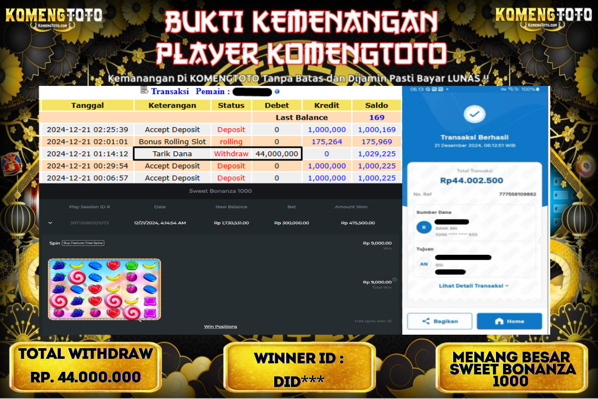 LAGI & LAGI!! KEMENANGAN BESAR DI SLOT  SWEET BONANZA 1000  SEBESAR Rp.44.000.000 KOMENGTOTO BAYAR LUNAS SECEPAT KILAT !! KOMENGTOTO BAYAR SECEPAT KILAT !!