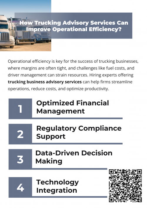 Trucking advisory services play a vital role in improving operational efficiency by addressing key challenges such as financial management, compliance, and driver retention. With the support of experts offering trucking business advisory services, companies can streamline processes, reduce costs, and enhance productivity, paving the way for long-term success in a competitive industry. To know more visit here https://www.truckersprocpa.ca/trucking-business-advisory-services