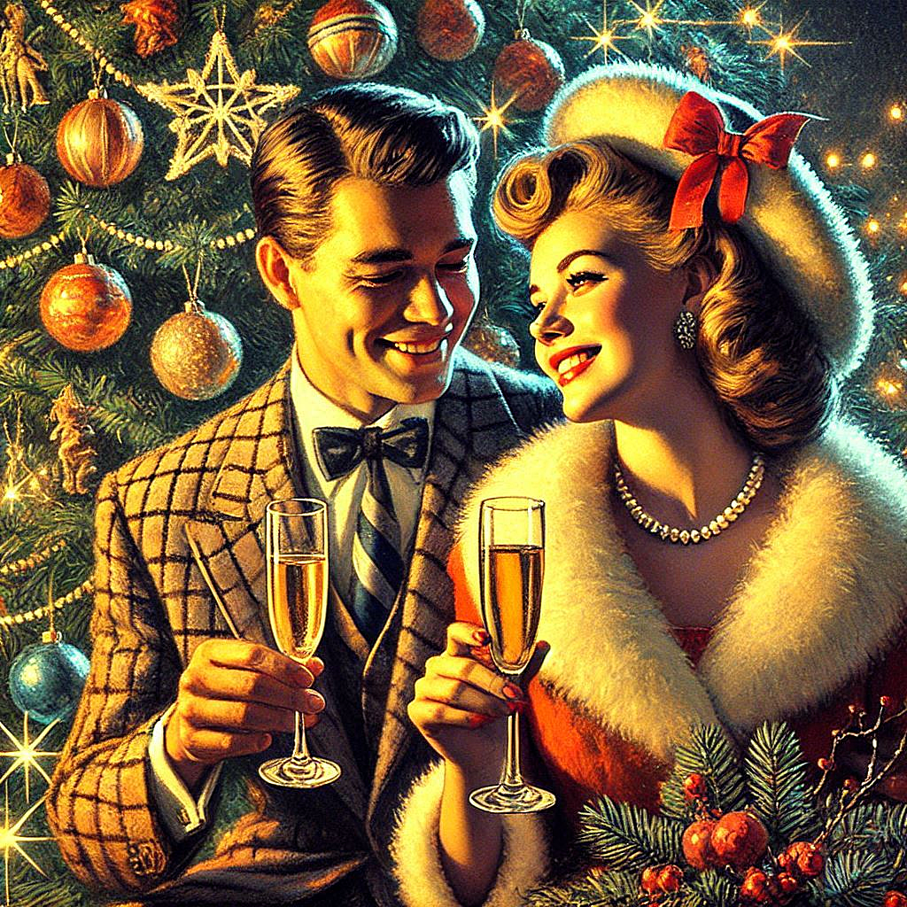 Oil painting, digital art, retro New Years card, a couple in love with glasses of champagne in their