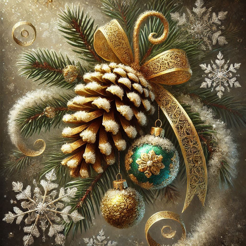 New Years toy on a fir tree branch, fantasy style postcard design with gilded fir cones powdered wit