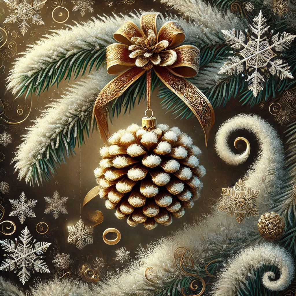 New Years toy on a fir tree branch, fantasy style postcard design with gilded fir cones powdered wit