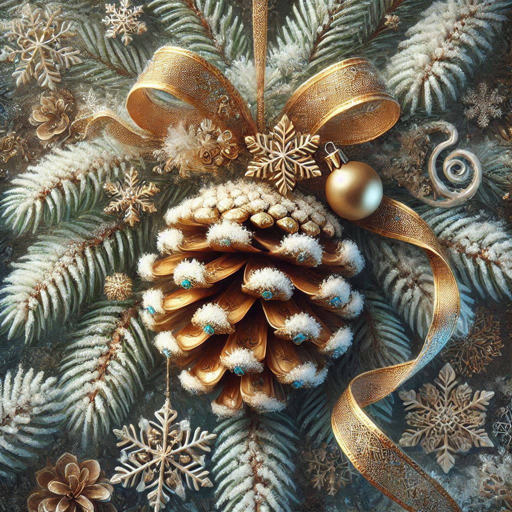 New Years toy on a fir tree branch, fantasy style postcard design with gilded fir cones powdered wit