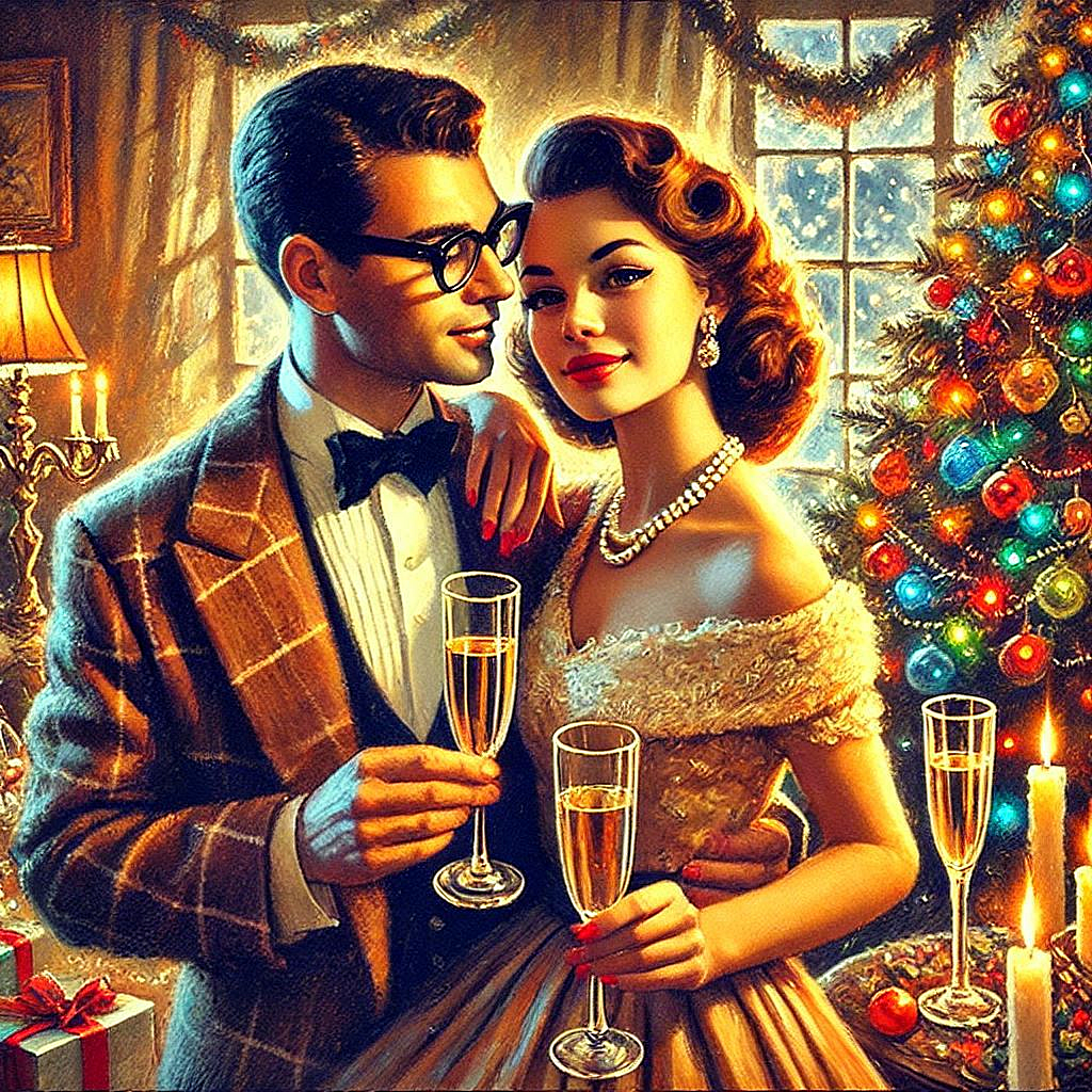 Oil painting, digital art, retro New Years card, a Russian couple in love with glasses of champagne