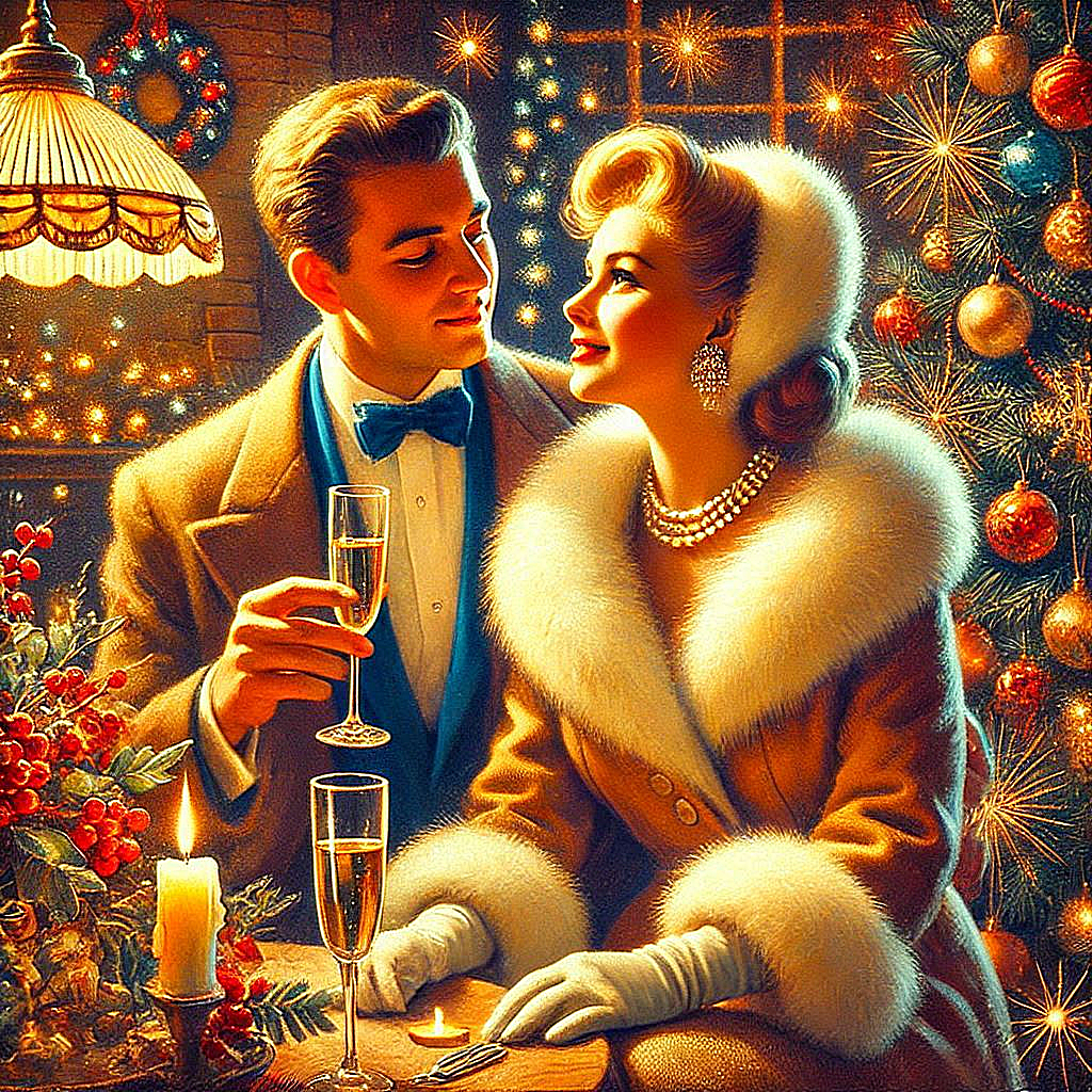 Oil painting, digital art, retro New Years card, Russian couple in love with glasses of champagne in