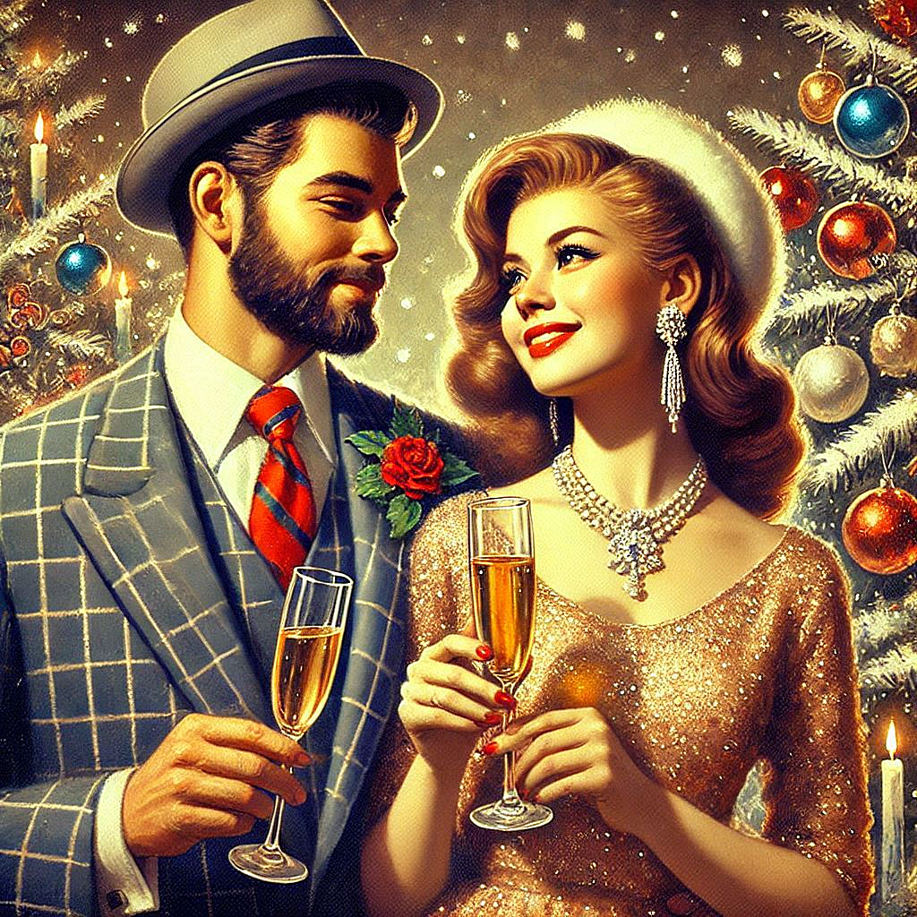 Oil painting, digital art, retro New Years card, a couple in love with glasses of champagne in their