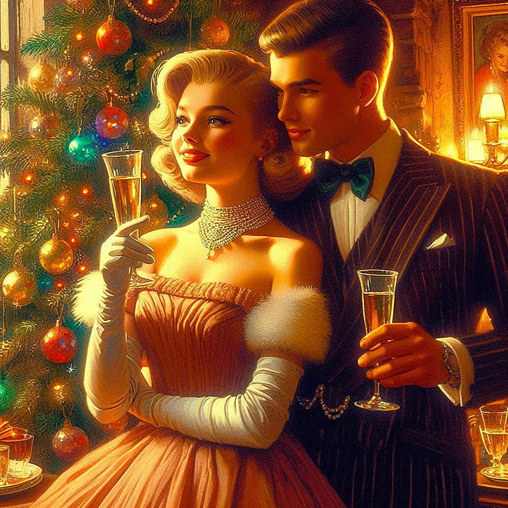 Oil painting, digital art, retro New Years card, Russian couple in love with glasses of champagne in