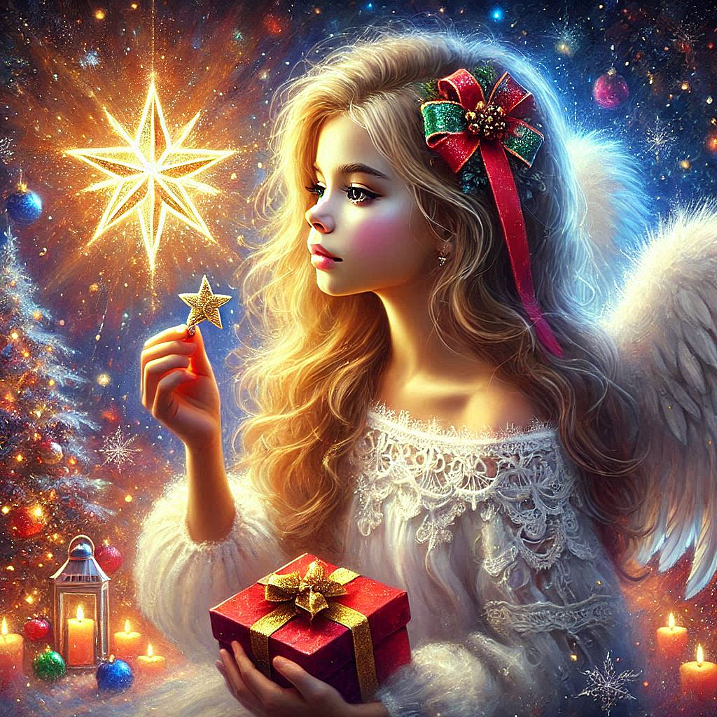 Beautiful girl Christmas angel with Christmas star, festive atmosphere, Oil painting, Digital art, B