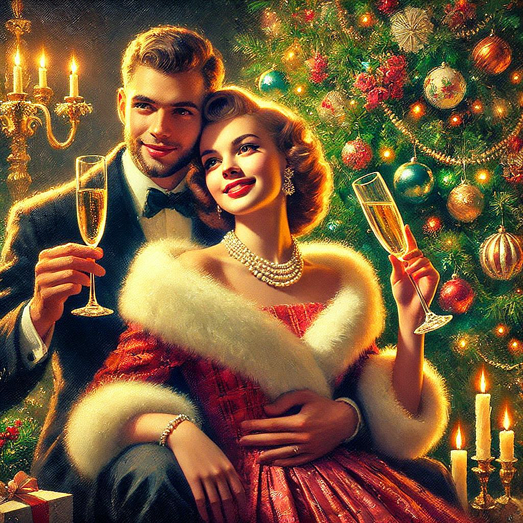 Oil painting, digital art, retro New Years card, a Russian couple in love with glasses of champagne