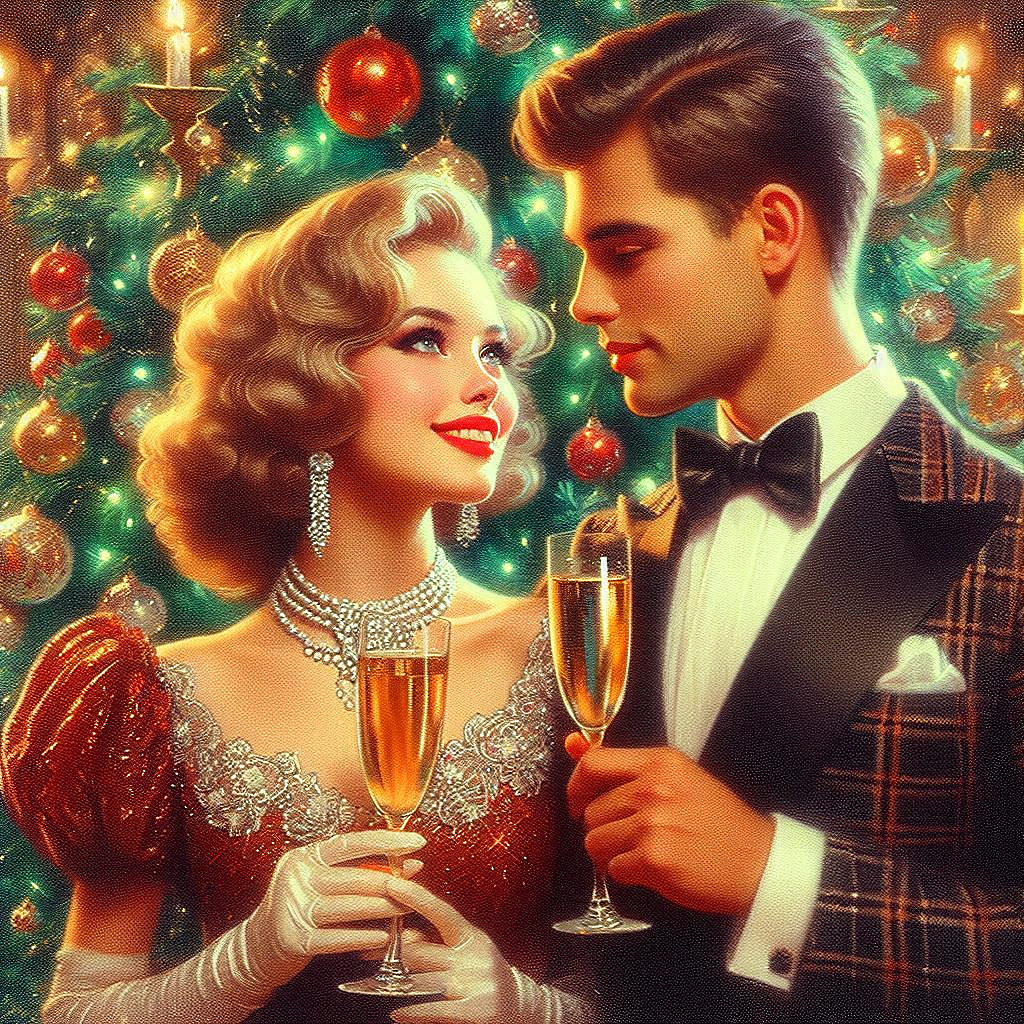 Oil painting, digital art, retro New Years card, a Russian couple in love with glasses of champagne 