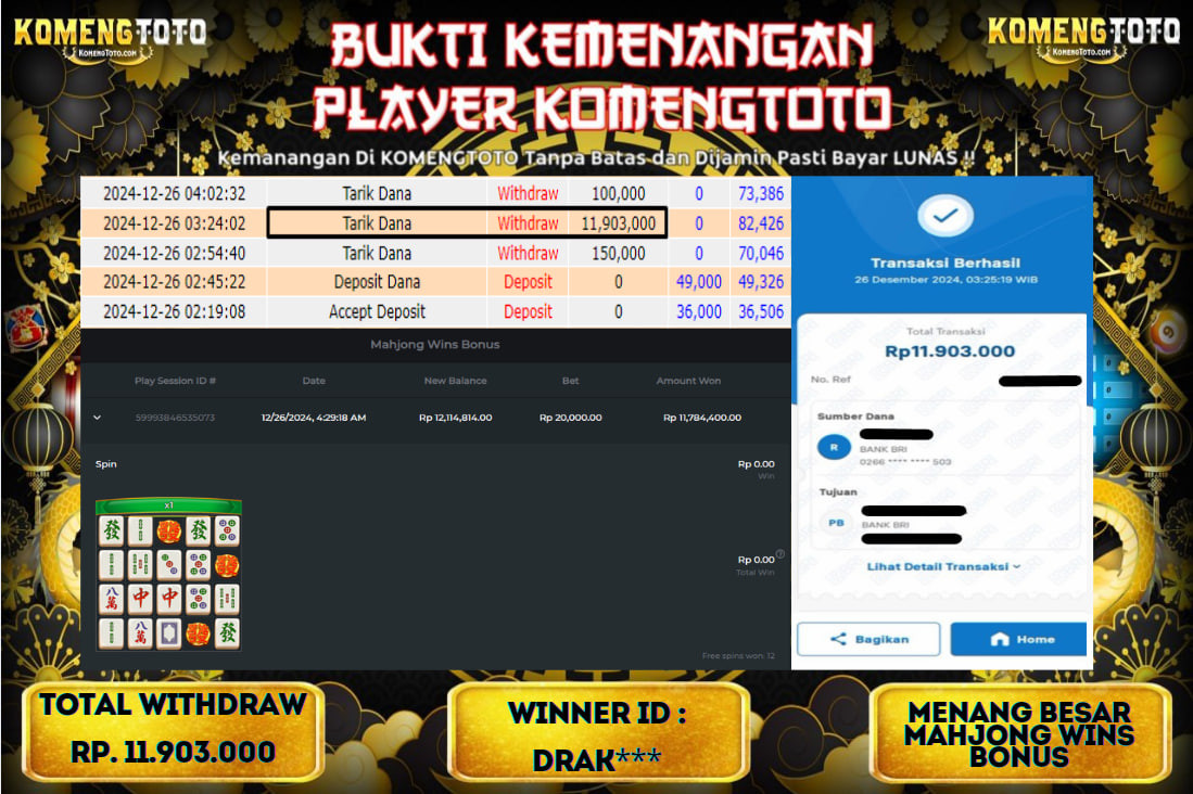 LAGI & LAGI!! KEMENANGAN BESAR DI SLOT  MAHJONG  WINS BONUS SEBESAR Rp.11.903.000 KOMENGTOTO BAYAR LUNAS SECEPAT KILAT !! KOMENGTOTO BAYAR SECEPAT KILAT !!