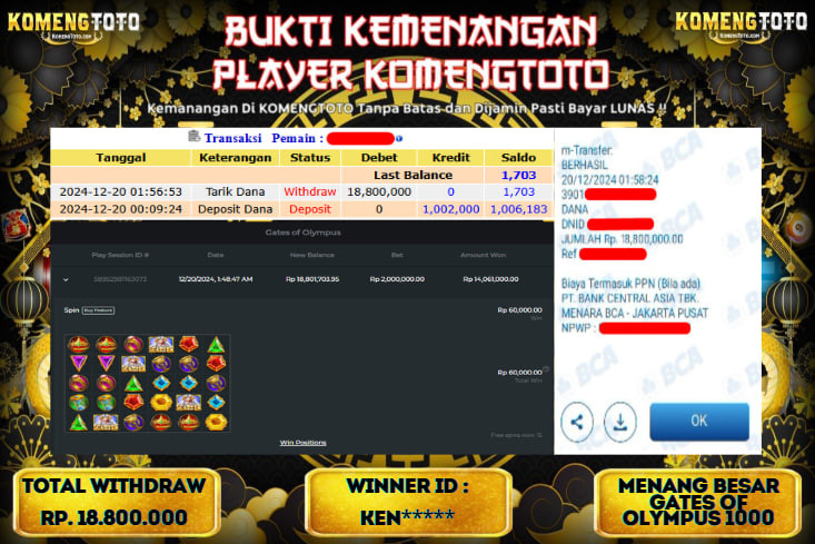 LAGI & LAGI!! KEMENANGAN BESAR DI SLOT  GATES OF OLYMPUS 1000  SEBESAR Rp.18.800.000 KOMENGTOTO BAYAR LUNAS SECEPAT KILAT !! KOMENGTOTO BAYAR SECEPAT KILAT !!