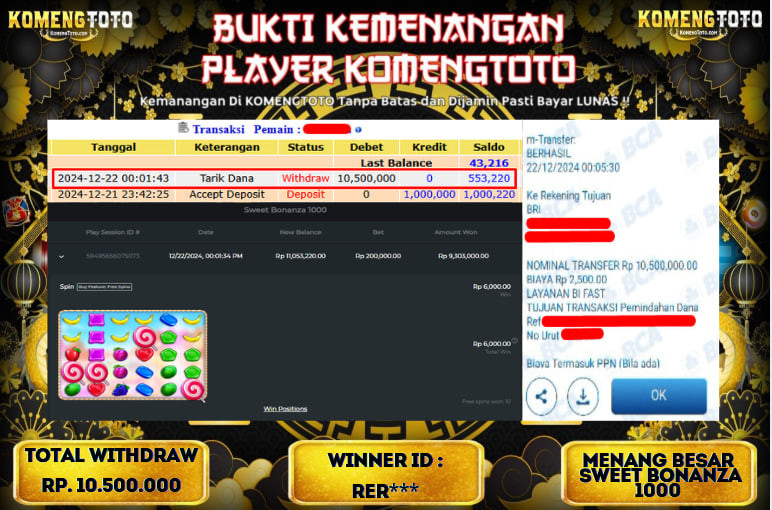 LAGI & LAGI!! KEMENANGAN BESAR DI SLOT SWEET BONANZA 1000  SEBESAR Rp.10.500.000 KOMENGTOTO BAYAR LUNAS SECEPAT KILAT !! KOMENGTOTO BAYAR SECEPAT KILAT !!