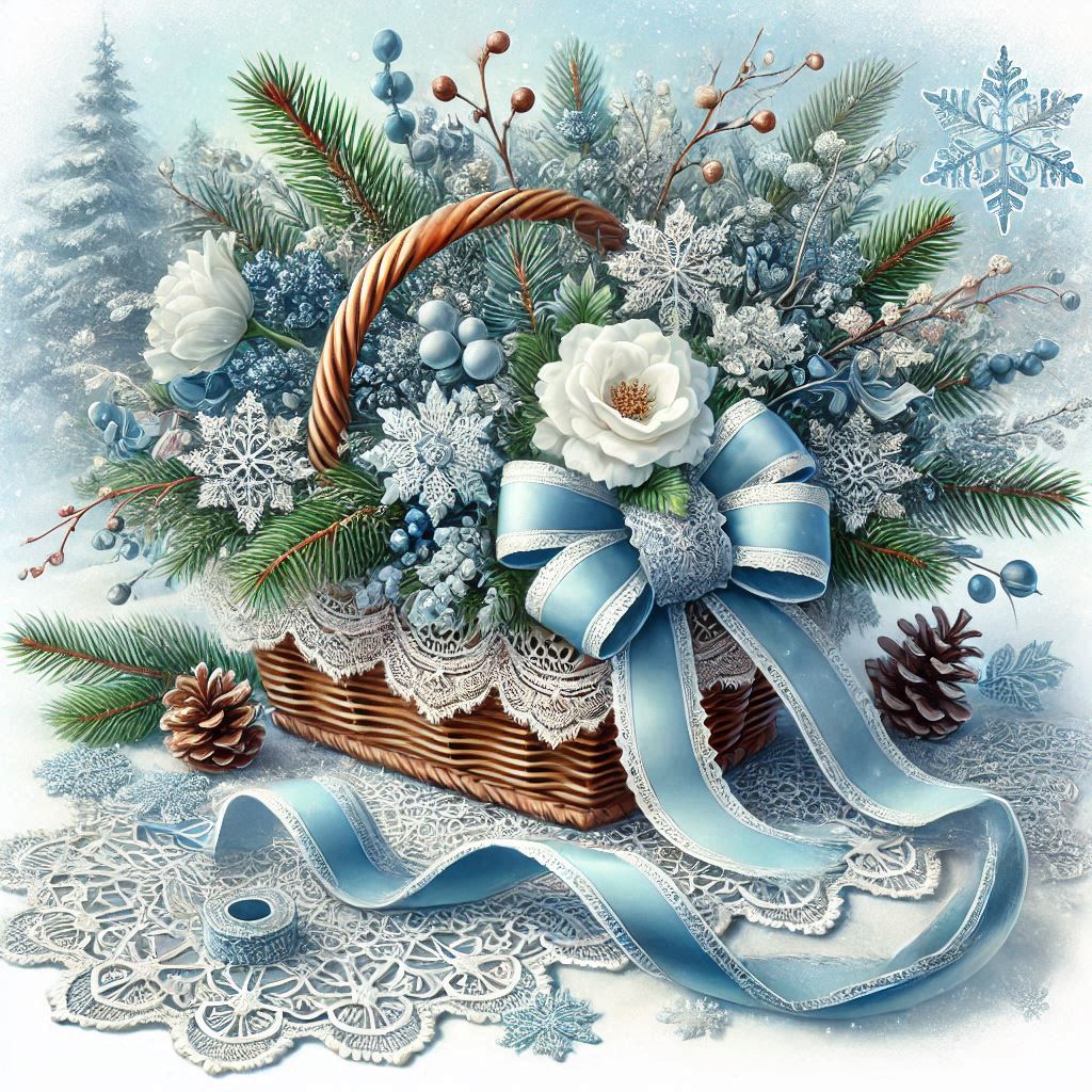 Fabulous Winter! postcard with a beautiful blue and white ribbon with lace edges, a lace napkin, a b
