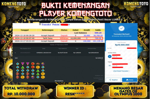 LAGI & LAGI!! KEMENANGAN BESAR DI SLOT  GATES OF OLYMPUS 1000  SEBESAR Rp.10.000.000 KOMENGTOTO BAYAR LUNAS SECEPAT KILAT !! KOMENGTOTO BAYAR SECEPAT KILAT !!