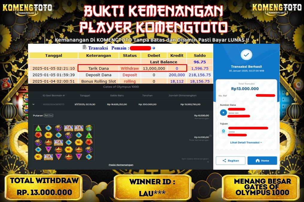 LAGI & LAGI!! KEMENANGAN BESAR DI SLOT  GATES OF OLYMPUS 1000  SEBESAR Rp.13.000.000 KOMENGTOTO BAYAR LUNAS SECEPAT KILAT !! KOMENGTOTO BAYAR SECEPAT KILAT !!
