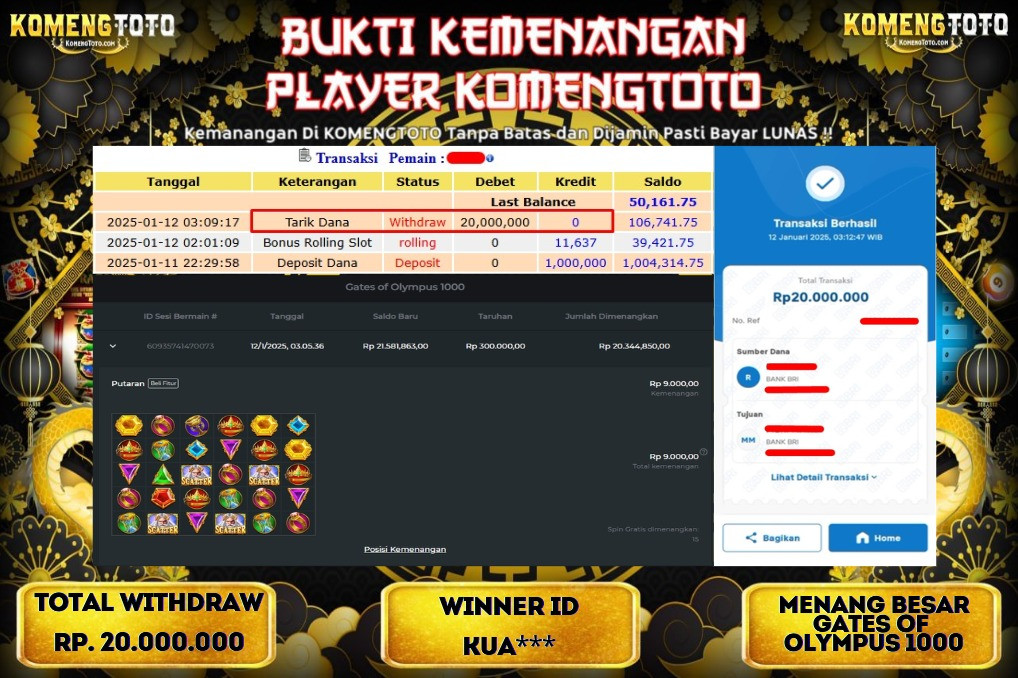 LAGI & LAGI!! KEMENANGAN BESAR DI SLOT  GATES OF OLYMPUS 1000  SEBESAR Rp.20.000.000 KOMENGTOTO BAYAR LUNAS SECEPAT KILAT !! KOMENGTOTO BAYAR SECEPAT KILAT !!