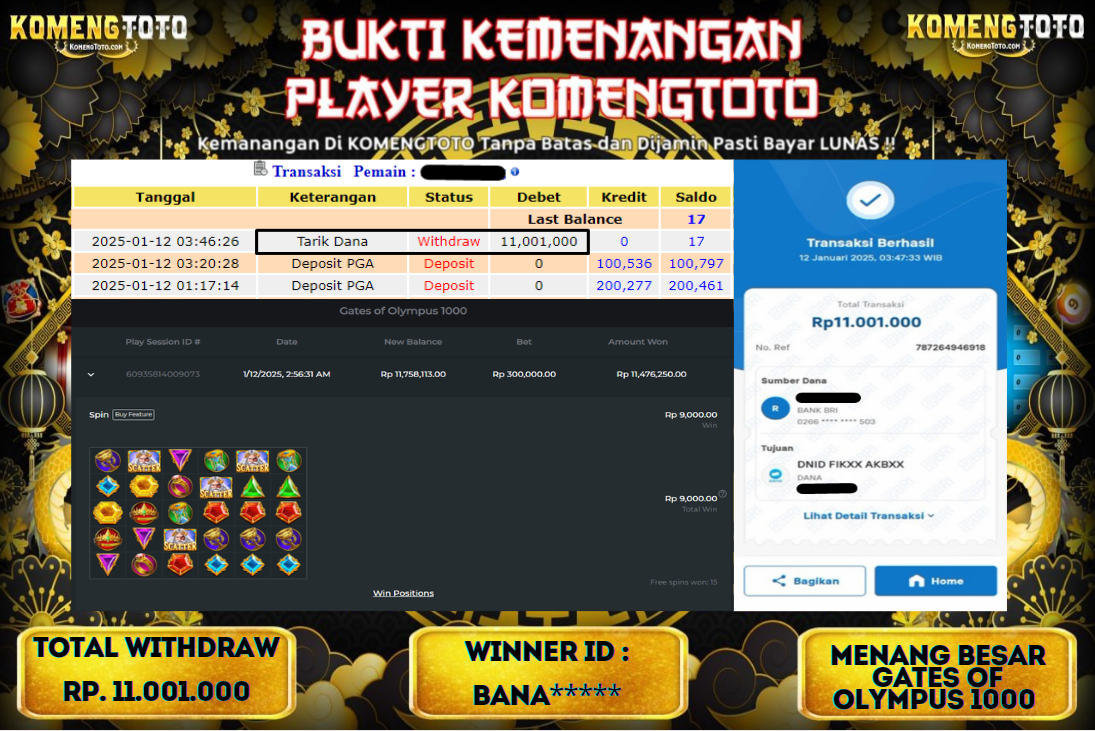 LAGI & LAGI!! KEMENANGAN BESAR DI SLOT  GATES OF OLYMPUS 1000  SEBESAR Rp.11.001.000 KOMENGTOTO BAYAR LUNAS SECEPAT KILAT !! KOMENGTOTO BAYAR SECEPAT KILAT !!