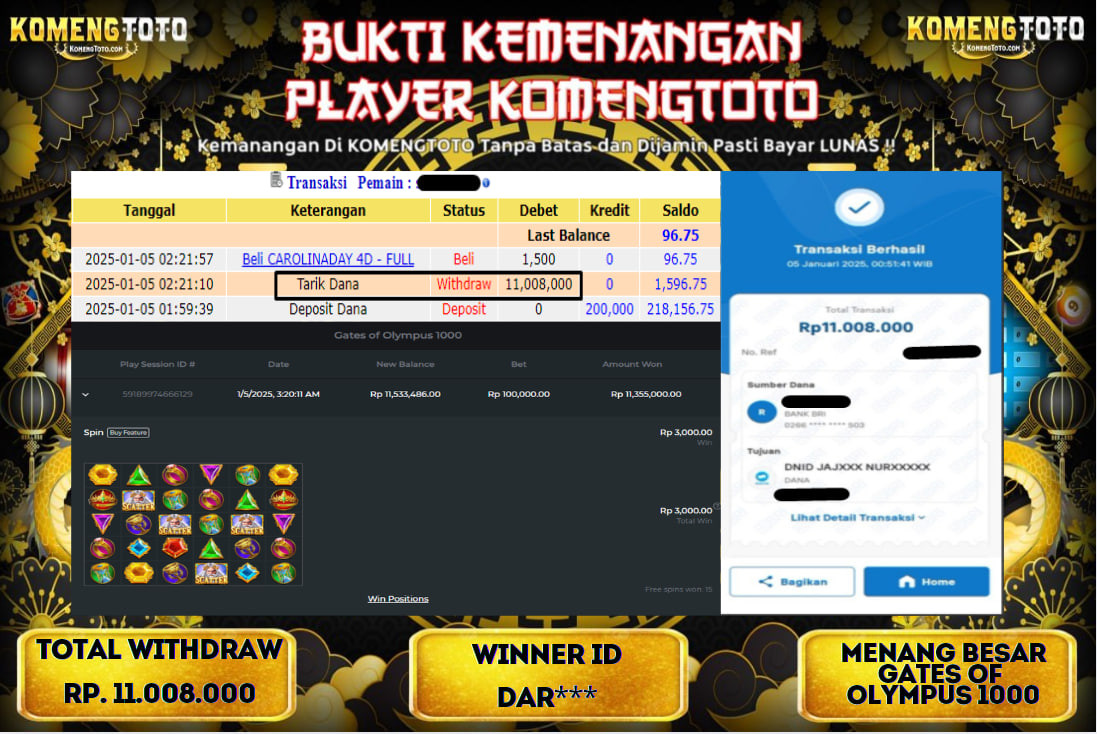 LAGI & LAGI!! KEMENANGAN BESAR DI SLOT  GATES OF OLYMPUS 1000  SEBESAR Rp.11.008.000 KOMENGTOTO BAYAR LUNAS SECEPAT KILAT !! KOMENGTOTO BAYAR SECEPAT KILAT !!