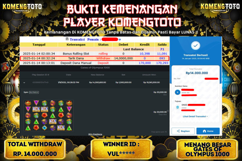 LAGI & LAGI!! KEMENANGAN BESAR DI SLOT  GATES OF OLYMPUS 1000  SEBESAR Rp.14.000.000 KOMENGTOTO BAYAR LUNAS SECEPAT KILAT !! KOMENGTOTO BAYAR SECEPAT KILAT !!