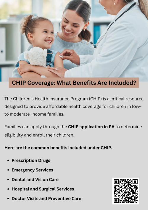 CHIP coverage provides comprehensive benefits for children, including doctor visits, immunizations, dental care, vision services, hospital stays, and emergency care. It ensures access to preventive care, prescriptions, and mental health services. Families can apply through the CHIP application in PA to determine eligibility and enroll their children. The program offers low-cost or free coverage based on household income and specific eligibility criteria. To know more visit here https://www.capbluecross.com/wps/portal/cap/home/shop/chip
