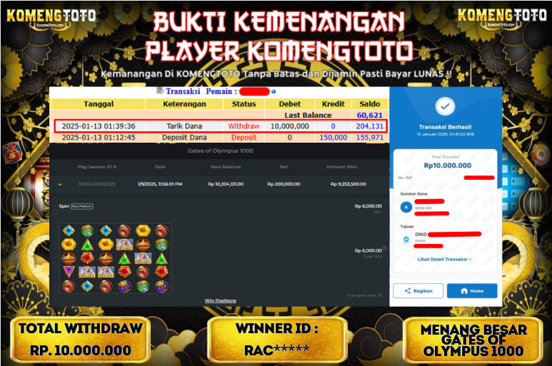 LAGI & LAGI!! KEMENANGAN BESAR DI SLOT  GATES OF OLYMPUS 1000  SEBESAR Rp.10.000.000 KOMENGTOTO BAYAR LUNAS SECEPAT KILAT !! KOMENGTOTO BAYAR SECEPAT KILAT !!