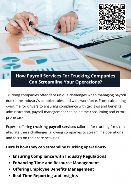 Payroll services for trucking companies are essential for optimizing operations, improving compliance, and enhancing workforce satisfaction. By outsourcing trucking payroll services, trucking businesses can reduce administrative burdens, minimize errors, and focus on delivering exceptional services to their clients. To know more visit here https://www.truckersprocpa.ca/trucking-payroll-services