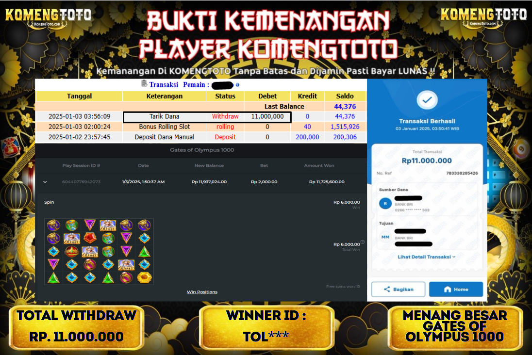 LAGI & LAGI!! KEMENANGAN BESAR DI SLOT  GATES OF OLYMPUS 1000  SEBESAR Rp.11.000.000 KOMENGTOTO BAYAR LUNAS SECEPAT KILAT !! KOMENGTOTO BAYAR SECEPAT KILAT !!