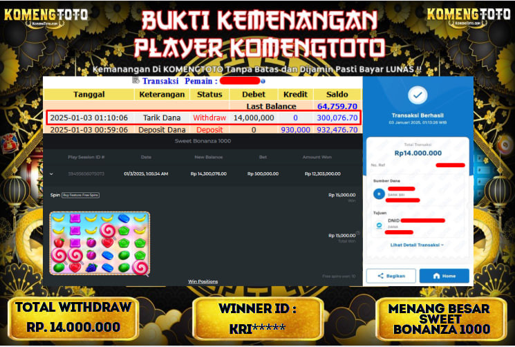 LAGI & LAGI!! KEMENANGAN BESAR DI SLOT SWEET BONANZA 1000  SEBESAR Rp.14.000.000 KOMENGTOTO BAYAR LUNAS SECEPAT KILAT !! KOMENGTOTO BAYAR SECEPAT KILAT !!