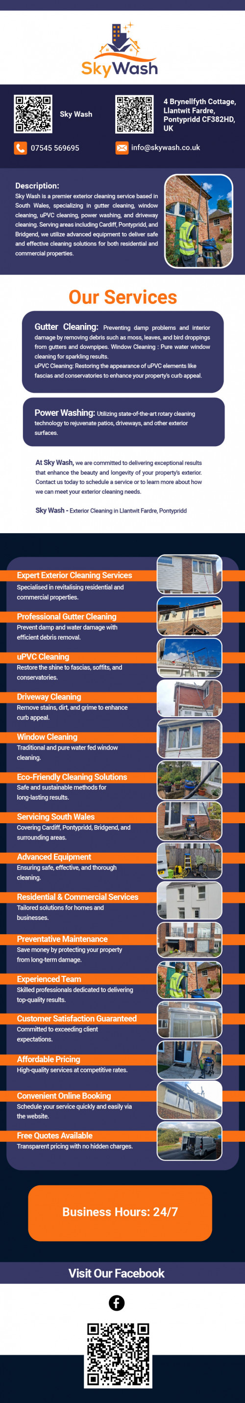 At Sky Wash, we understand the importance of maintaining your home’s exterior, which is why we offer top-notch gutter cleaning services in Rhondda Cynon Taff and surrounding areas. Our specialized equipment allows us to safely and efficiently clear out debris without the need for ladders, protecting both your property and our team. With a focus on customer satisfaction, we ensure your home looks its best. Choose Sky Wash for a reliable, professional service you can trust.

Our Services
Window Cleaning
Gutter Cleaning
uPVC Cleaning
Render Cleaning

Contact Us
Sky Wash
4 Brynellfyth Cottage, Llantwit Fardre, Pontypridd CF382HD, UK
07545 569695
info@skywash.co.uk