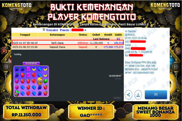 LAGI & LAGI!! KEMENANGAN BESAR DI SLOT SWEET BONANZA 1000  SEBESAR Rp.11.150.000 KOMENGTOTO BAYAR LUNAS SECEPAT KILAT !! KOMENGTOTO BAYAR SECEPAT KILAT !!