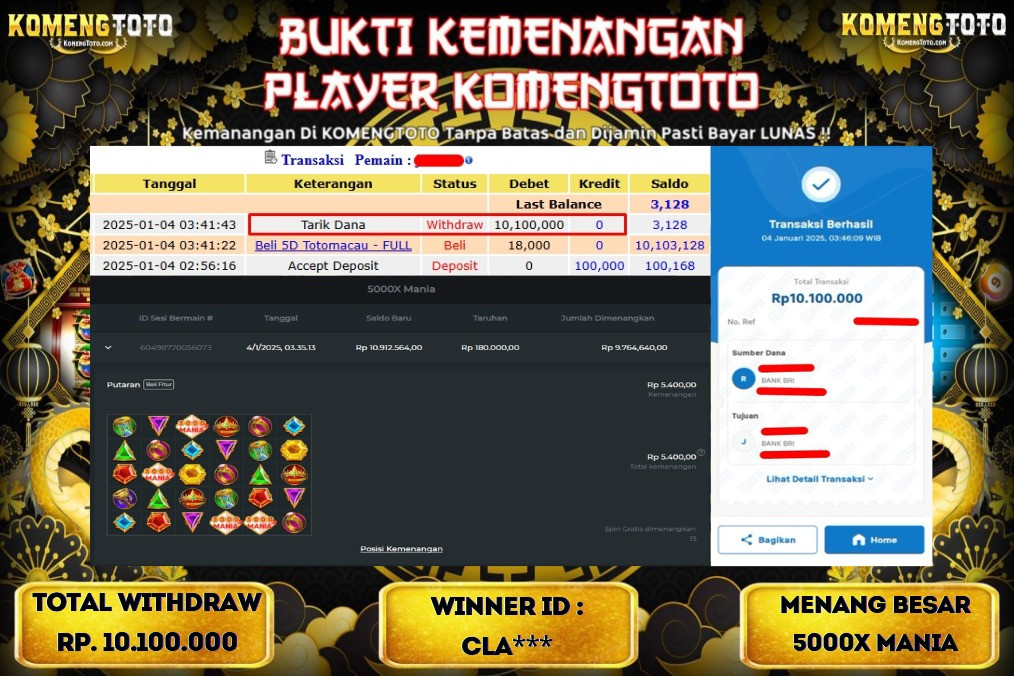 LAGI & LAGI!! KEMENANGAN BESAR DI SLOT  5000X MANIA SEBESAR Rp.10.100.000 KOMENGTOTO BAYAR LUNAS SECEPAT KILAT !! KOMENGTOTO BAYAR SECEPAT KILAT !!