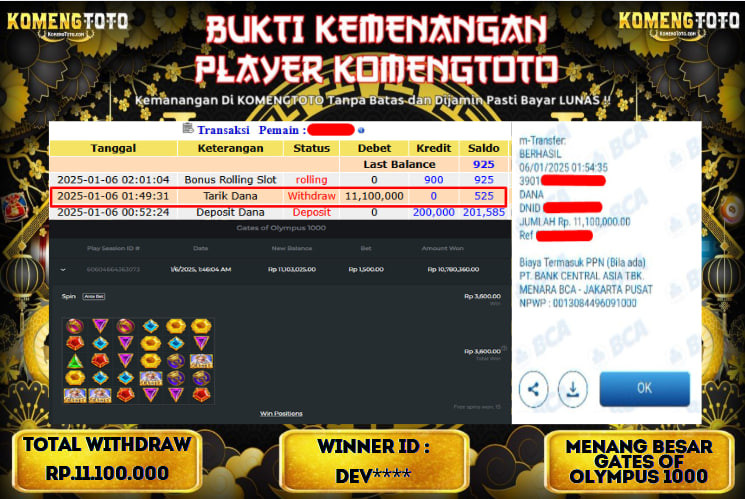 LAGI & LAGI!! KEMENANGAN BESAR DI SLOT  GATES OF OLYMPUS 1000  SEBESAR Rp.11.100.000 KOMENGTOTO BAYAR LUNAS SECEPAT KILAT !! KOMENGTOTO BAYAR SECEPAT KILAT !!