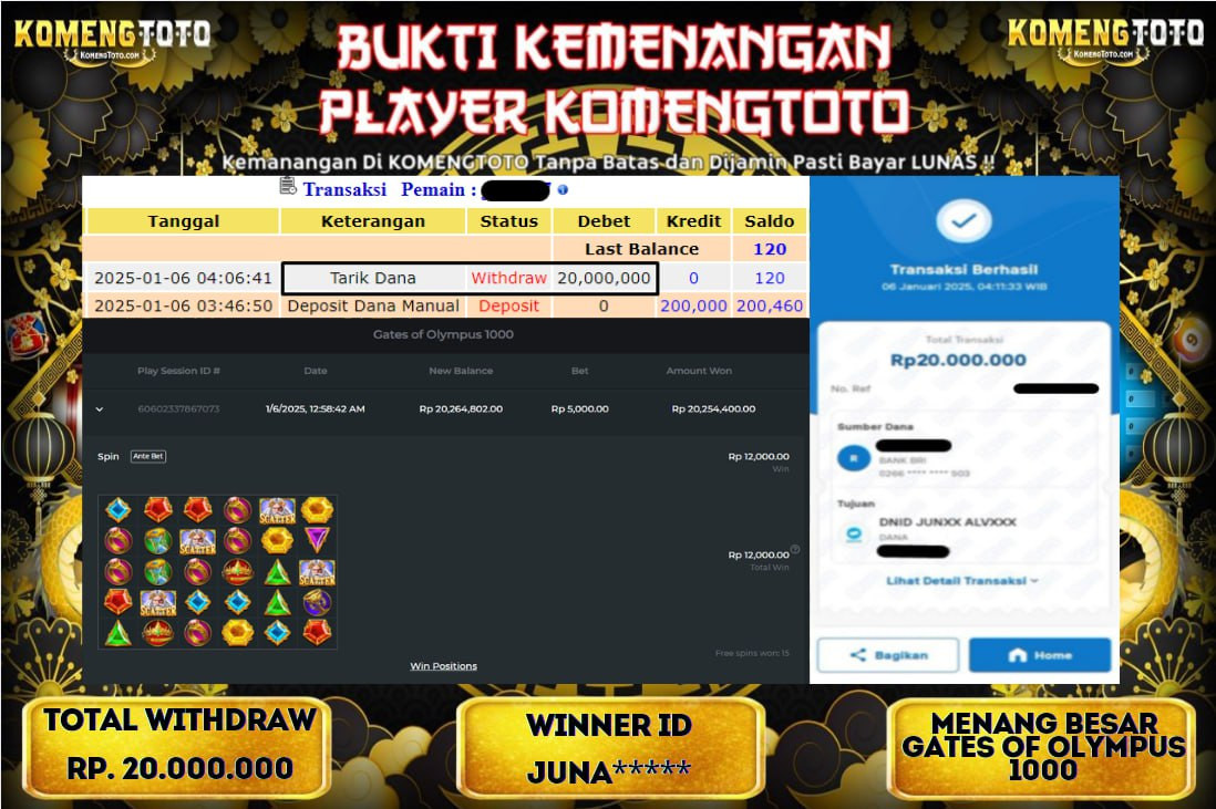 LAGI & LAGI!! KEMENANGAN BESAR DI SLOT  GATES OF OLYMPUS 1000  SEBESAR Rp.20.000.000 KOMENGTOTO BAYAR LUNAS SECEPAT KILAT !! KOMENGTOTO BAYAR SECEPAT KILAT !!