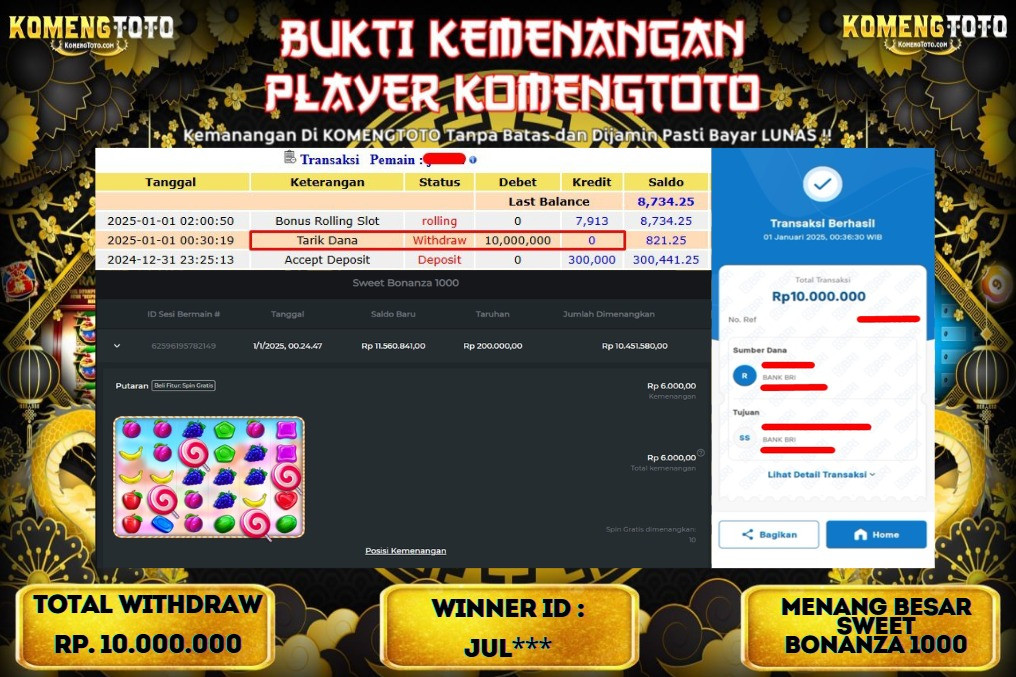 LAGI & LAGI!! KEMENANGAN BESAR DI SLOT  SWEET BONANZA 1000 SEBESAR Rp.10.000.000 KOMENGTOTO BAYAR LUNAS SECEPAT KILAT !! KOMENGTOTO BAYAR SECEPAT KILAT !!