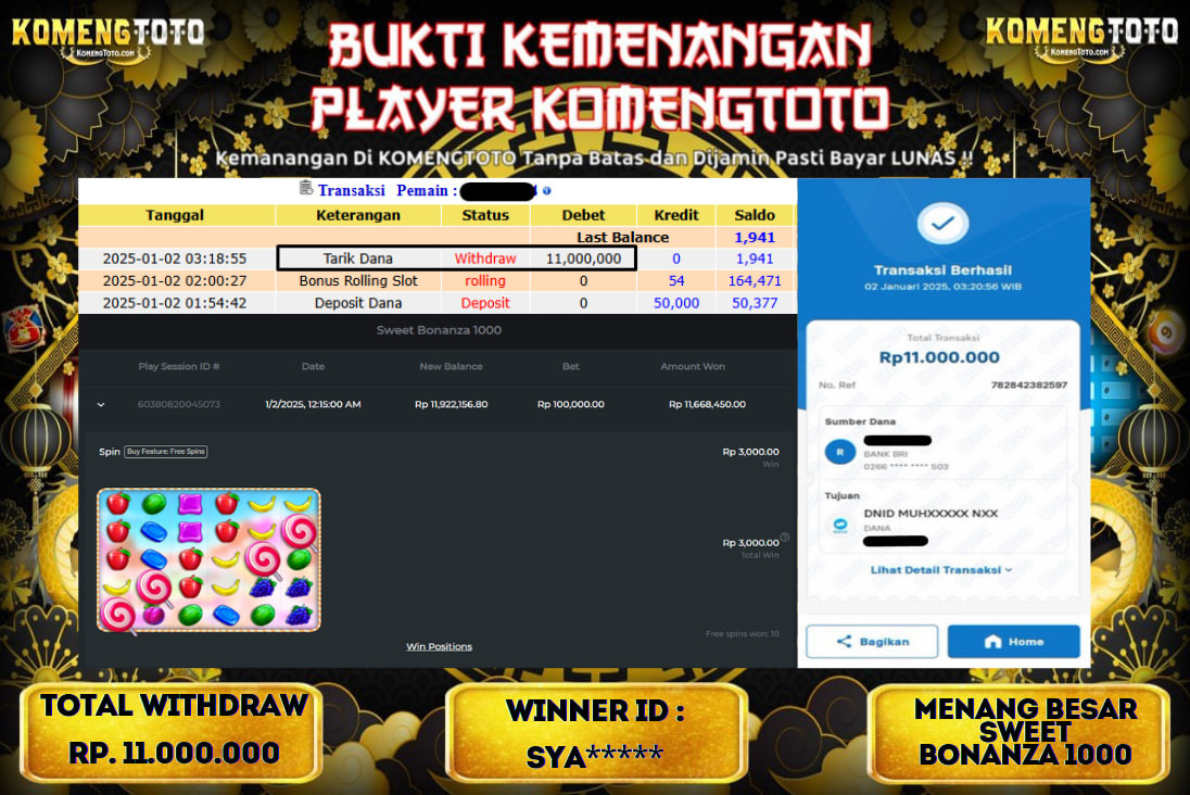 LAGI & LAGI!! KEMENANGAN BESAR DI SLOT  SWEET BONANZA  1000  SEBESAR Rp.11.000.000 KOMENGTOTO BAYAR LUNAS SECEPAT KILAT !! KOMENGTOTO BAYAR SECEPAT KILAT !!