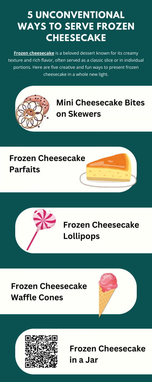 Frozen cheesecake can be served in creative ways beyond the traditional slice. Try cutting it into bite-sized cubes and skewering them with fruit for a fun treat. You can also crumble it over ice cream for added texture, or layer it with fruit and whipped cream in a parfait. For a unique twist, freeze it in mini tart shells for a handheld dessert. To know more visit here https://cravnflavor.com/product/cravn-flavor-new-york-style-classic-cheesecake-24-oz/