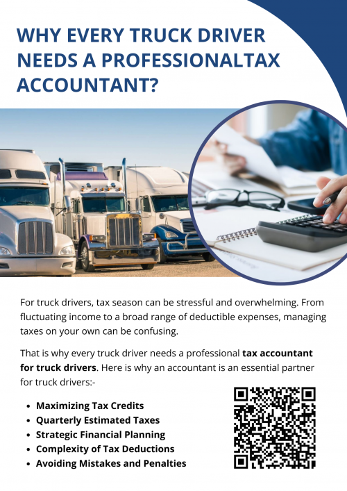 A professional tax accountant for truck drivers is an invaluable resource for truck drivers. With their expertise in deductions, credits, tax planning, and compliance, they can save you time, money, and stress. By hiring a tax accountant, you ensure your taxes are handled correctly and efficiently, leaving you free to focus on the road and your business. To know more visit here https://www.truckersprocpa.ca/trucking-accounting-services