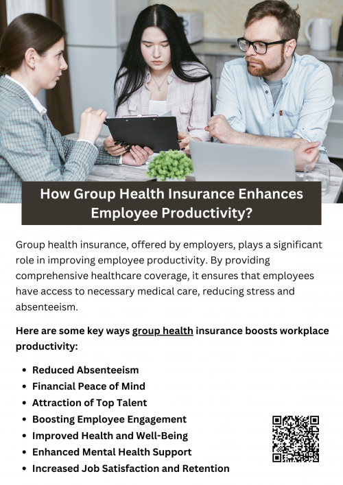 Group health insurance can enhance employee productivity by promoting overall health and well-being, reducing absenteeism due to illness, and decreasing stress related to healthcare costs. Employees who have access to health insurance are more likely to seek preventative care, leading to fewer health issues in the long term. This improves morale, job satisfaction, and loyalty, creating a healthier, more engaged workforce that is focused and productive. To know more visit here https://www.capbluecross.com/wps/portal/cap/employer/shop-group-plans