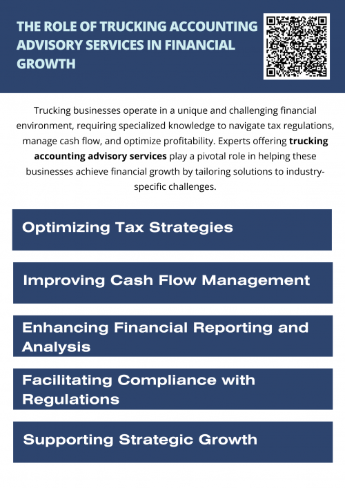 In the highly competitive trucking industry, having the right financial support is crucial for sustained growth. Experts offering trucking accounting advisory services bring a wealth of knowledge tailored to the industry's unique needs, helping businesses optimize tax strategies, manage cash flow, enhance compliance, and plan for the future. To know more visit here https://www.truckersprocpa.ca/trucking-business-advisory-services