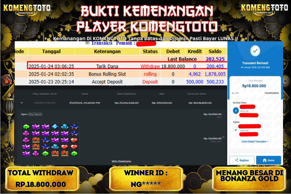 LAGI & LAGI!! KEMENANGAN BESAR DI SLOT  BONANZA GOLD   SEBESAR Rp.18.800.000 KOMENGTOTO BAYAR LUNAS SECEPAT KILAT !! KOMENGTOTO BAYAR SECEPAT KILAT !!