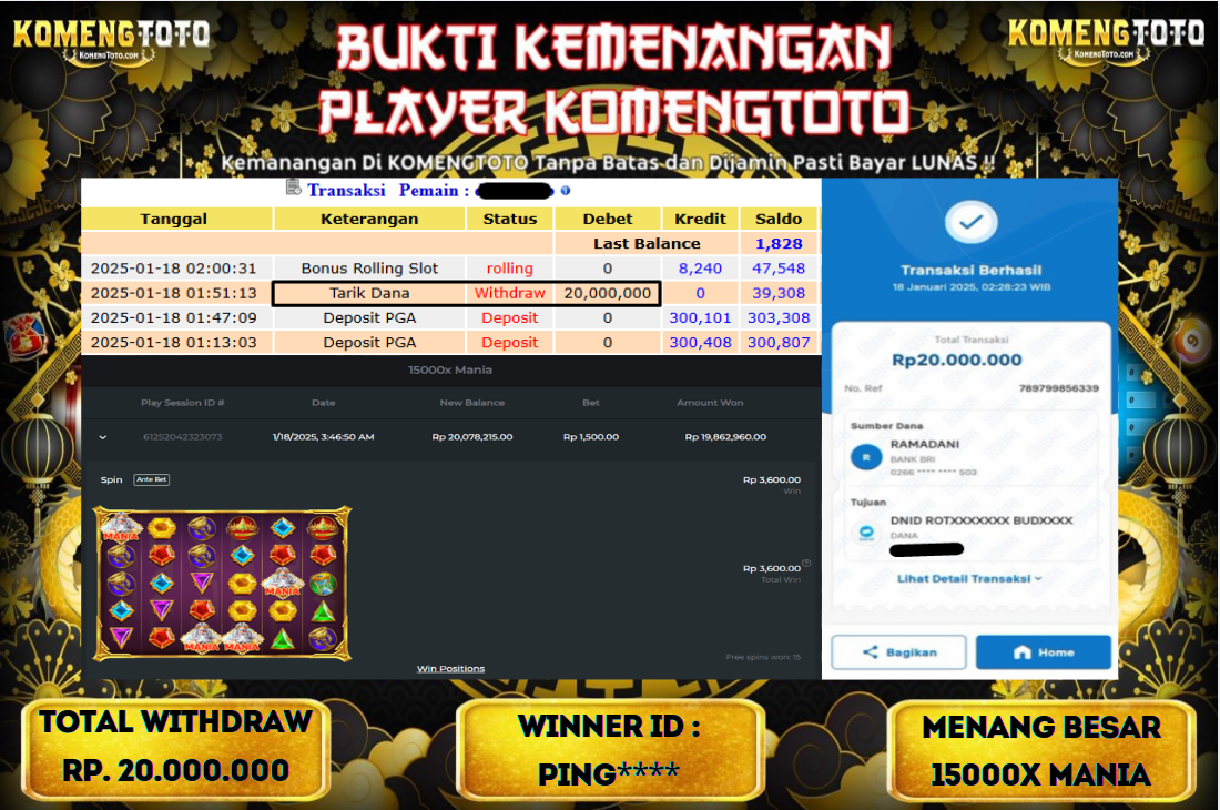 LAGI & LAGI!! KEMENANGAN BESAR DI SLOT  15000 X MANIAA  SEBESAR Rp.20.000.000 KOMENGTOTO BAYAR LUNAS SECEPAT KILAT !! KOMENGTOTO BAYAR SECEPAT KILAT !!