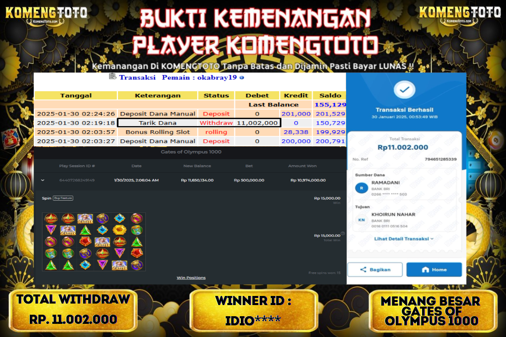 LAGI & LAGI!! KEMENANGAN BESAR DI SLOT  GATES OF OLYMPUS 1000  SEBESAR Rp.11.002.000 KOMENGTOTO BAYAR LUNAS SECEPAT KILAT !! KOMENGTOTO BAYAR SECEPAT KILAT !!
