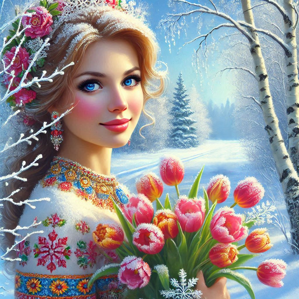 Happy Tatianas day, A beautiful Russian young woman stands in the snow, a bright winter day, snow, f